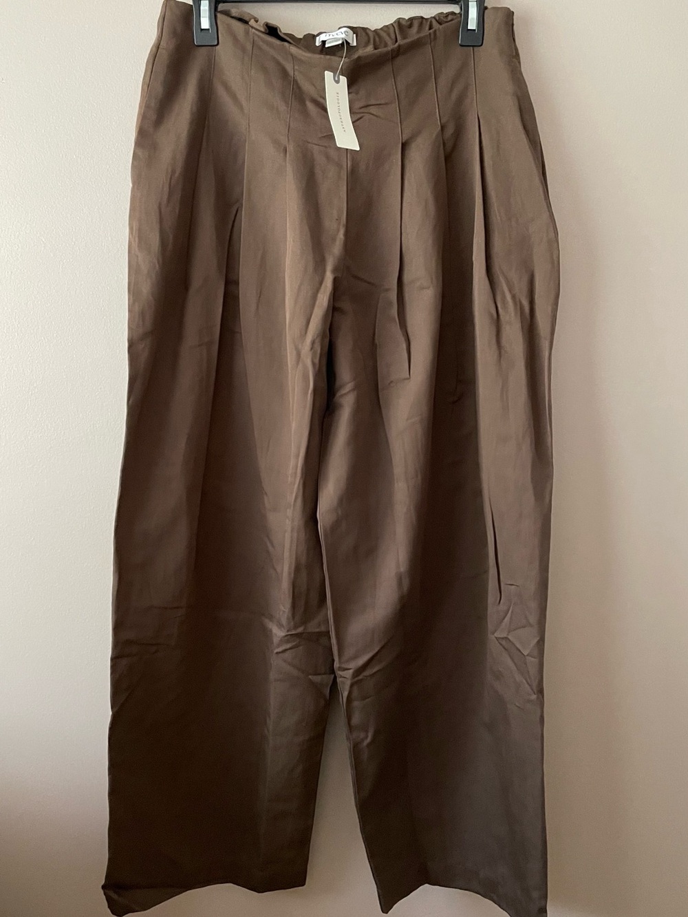 Anthropologie Maeve Pleated Trousers Wide Barrel Leg Cotton Linen Blend BROWN - Picture 6 of 8